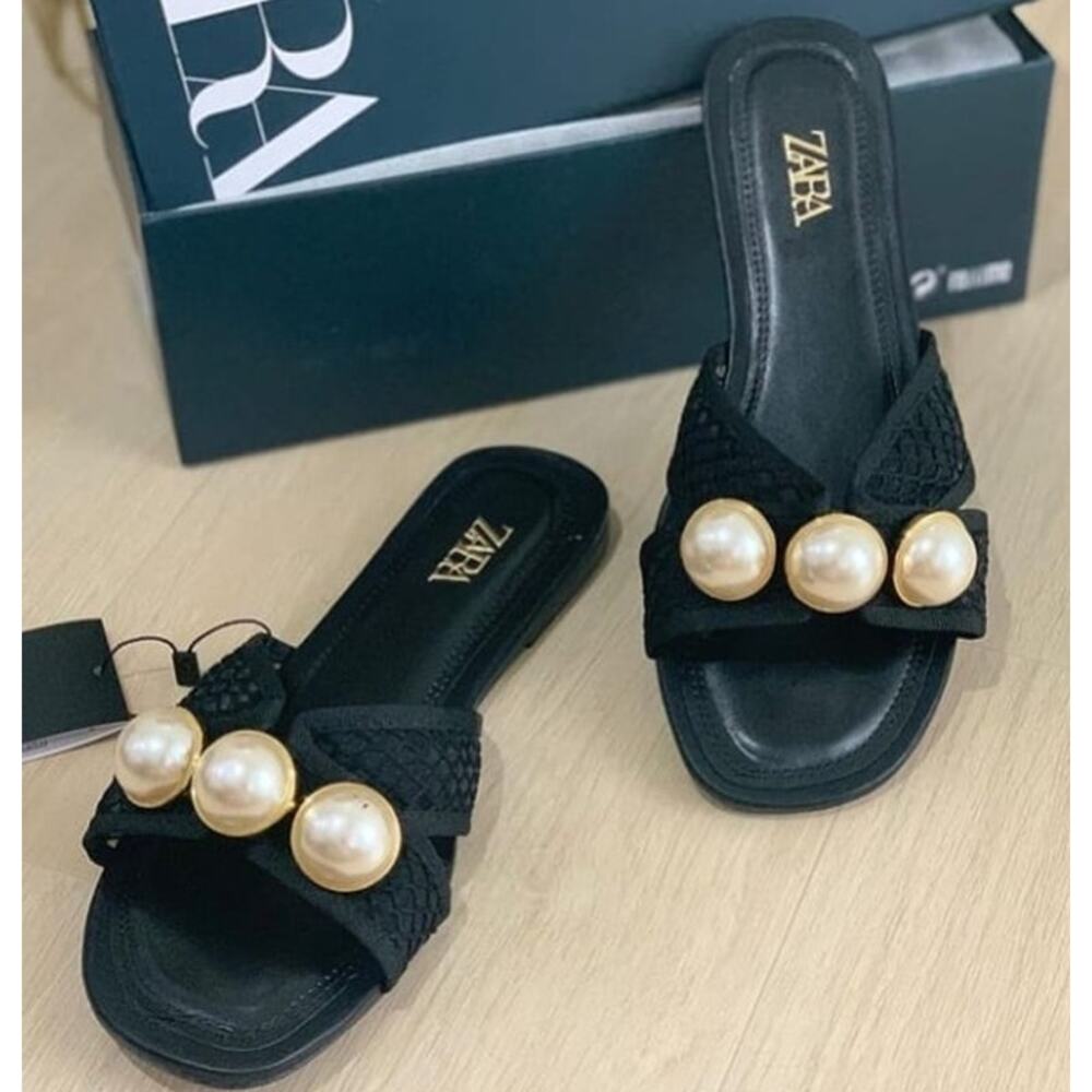 ZARA Pearl Embellished Mesh Slide Sandals NWT Black Resort Flats Size 7.5 - Picture 11 of 16